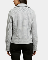 Women Leather Biker Jacket with Quilt Detail Vintage Astral White